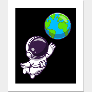 Cute Astronaut Floating with Earth World Posters and Art